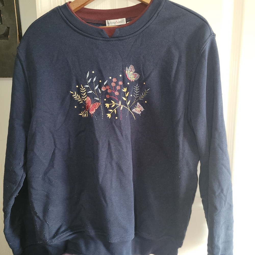 Vtg Hasting & Smith Navy Blue Embroidered Crew Neck Sweatshirt Petite Sz XL PXL